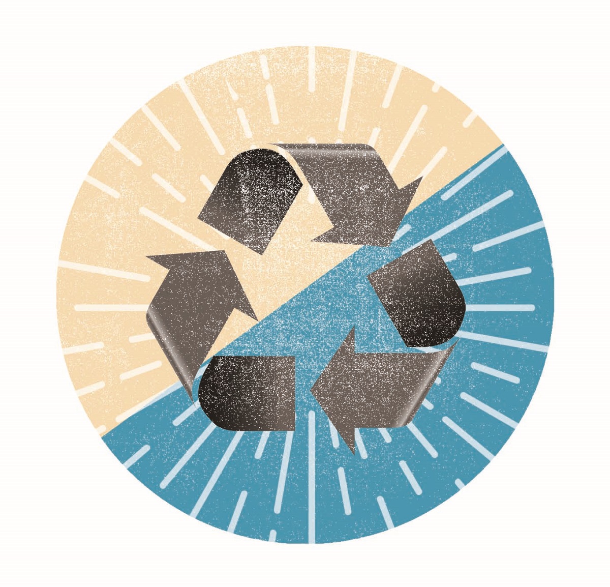 Image of recycling triangle symbol with graphic circle, half peach and half blue, with white lines behind it