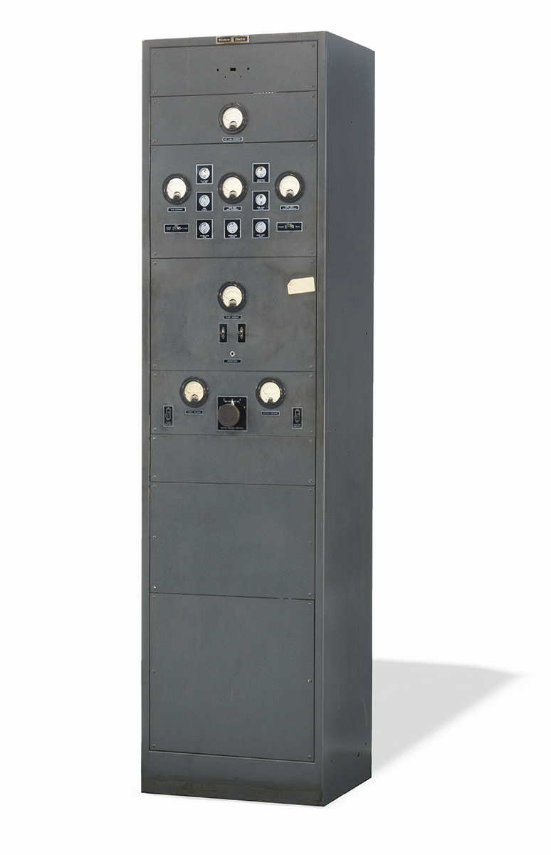 GIF showing two metal cabinets with dials, one open to show mechanism inside