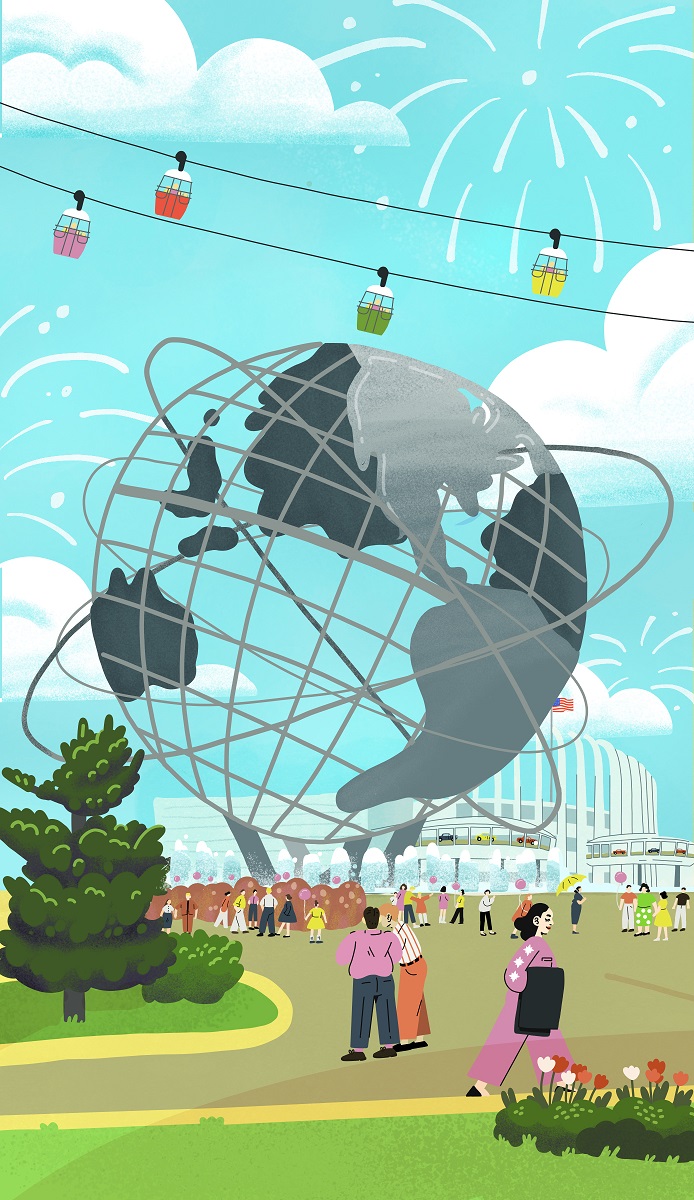 Illustration of large metal mesh globe crisscrossed by two orbital paths, in a park with many people and other buildings, etc.
