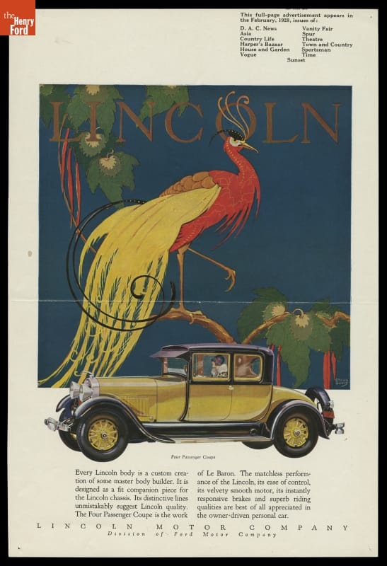 1928 Lincoln Four-Passenger Coupe Advertising Proof, "Every Lincoln Body is a Custom Creation of Some Master Body Builder" Page with text and image of car underneath large fancy red and yellow bird against peacock-blue background