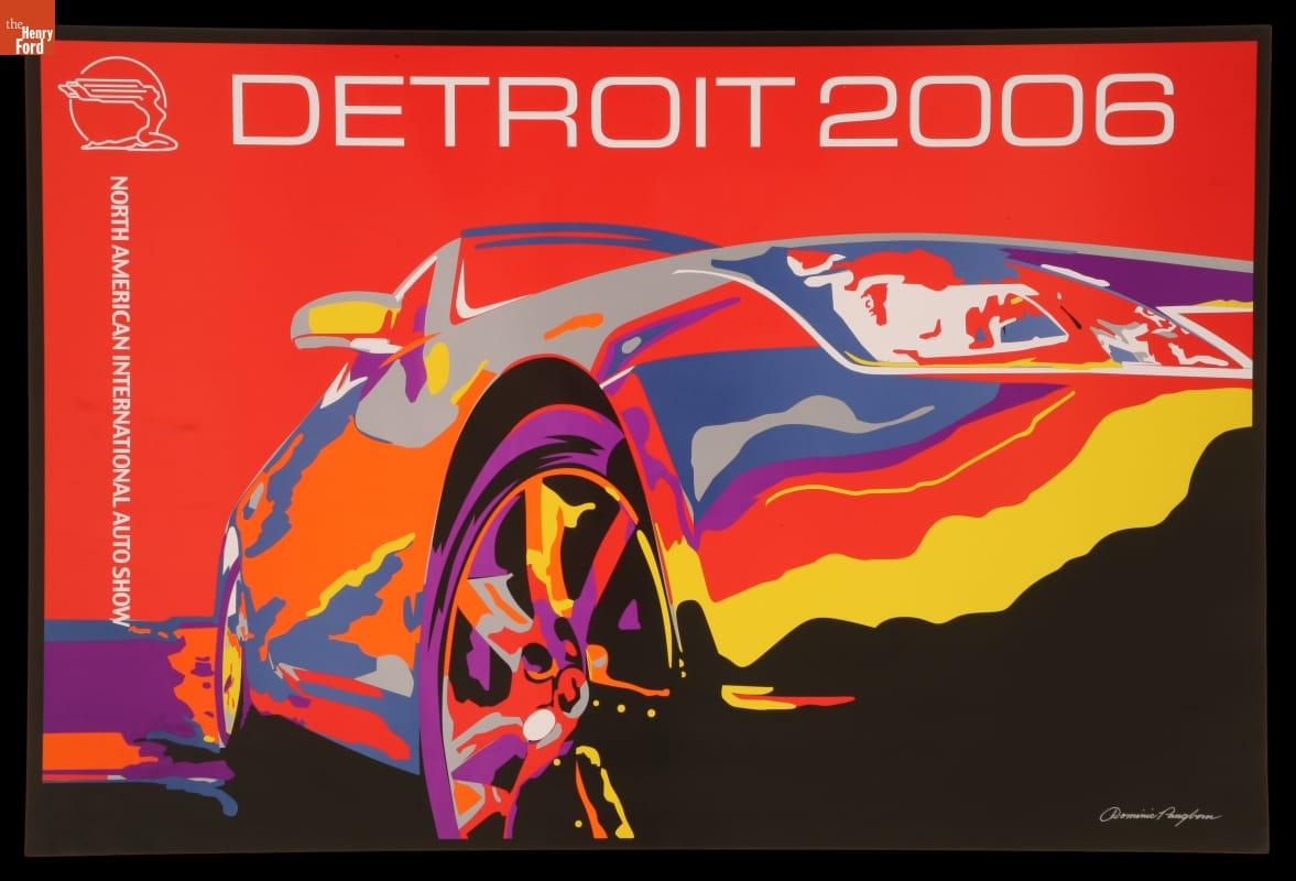 Artwork of car in various colors running together like paint, on a red background that contains text
