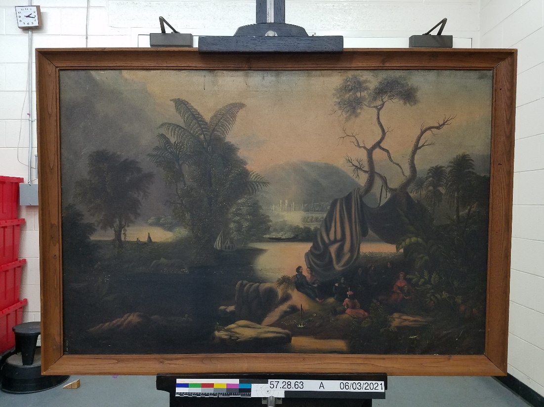 Landscape painting, with people in camp in foreground