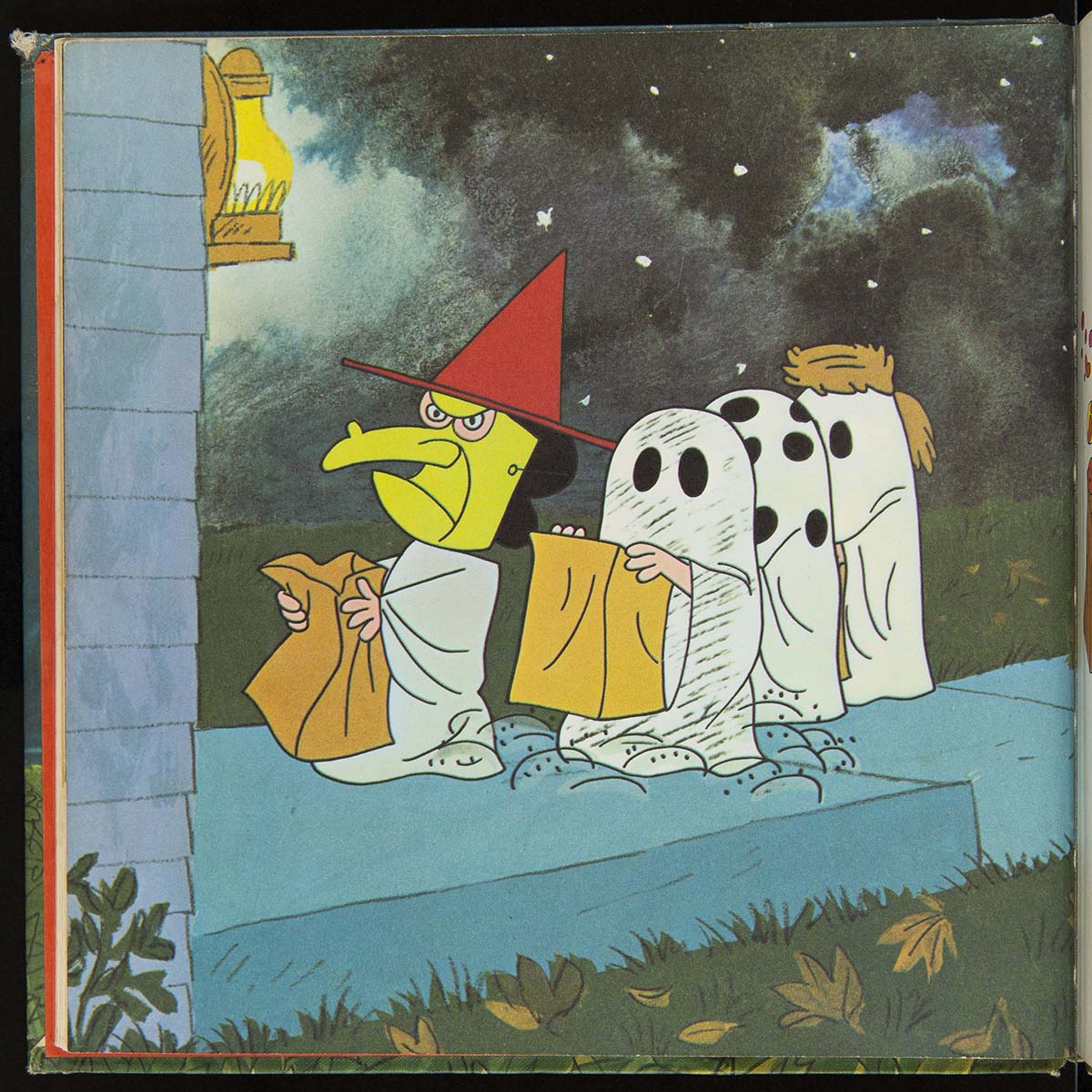 Cartoon drawing of children in Halloween costumes holding out bags at the door of a house