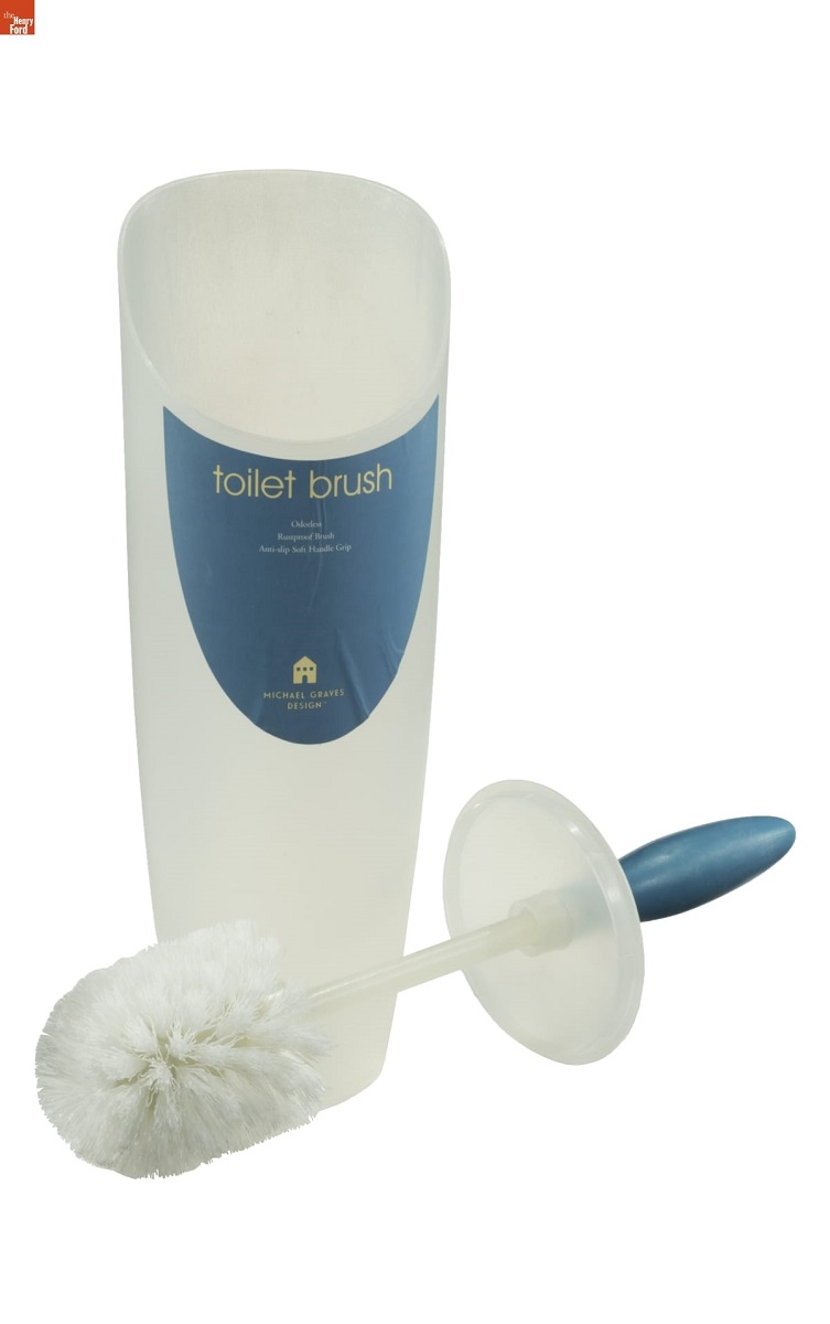 Toilet Brush, Designed by Michael Graves, 1999 Semi-opaque white plastic toilet brush and holder with blue sticker on receptacle and blue handle on brush