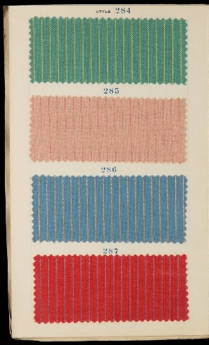 GIF cycling through two sheets each containing four rectangular fabric samples in stripes and plaids; also contains typed or printed numbers