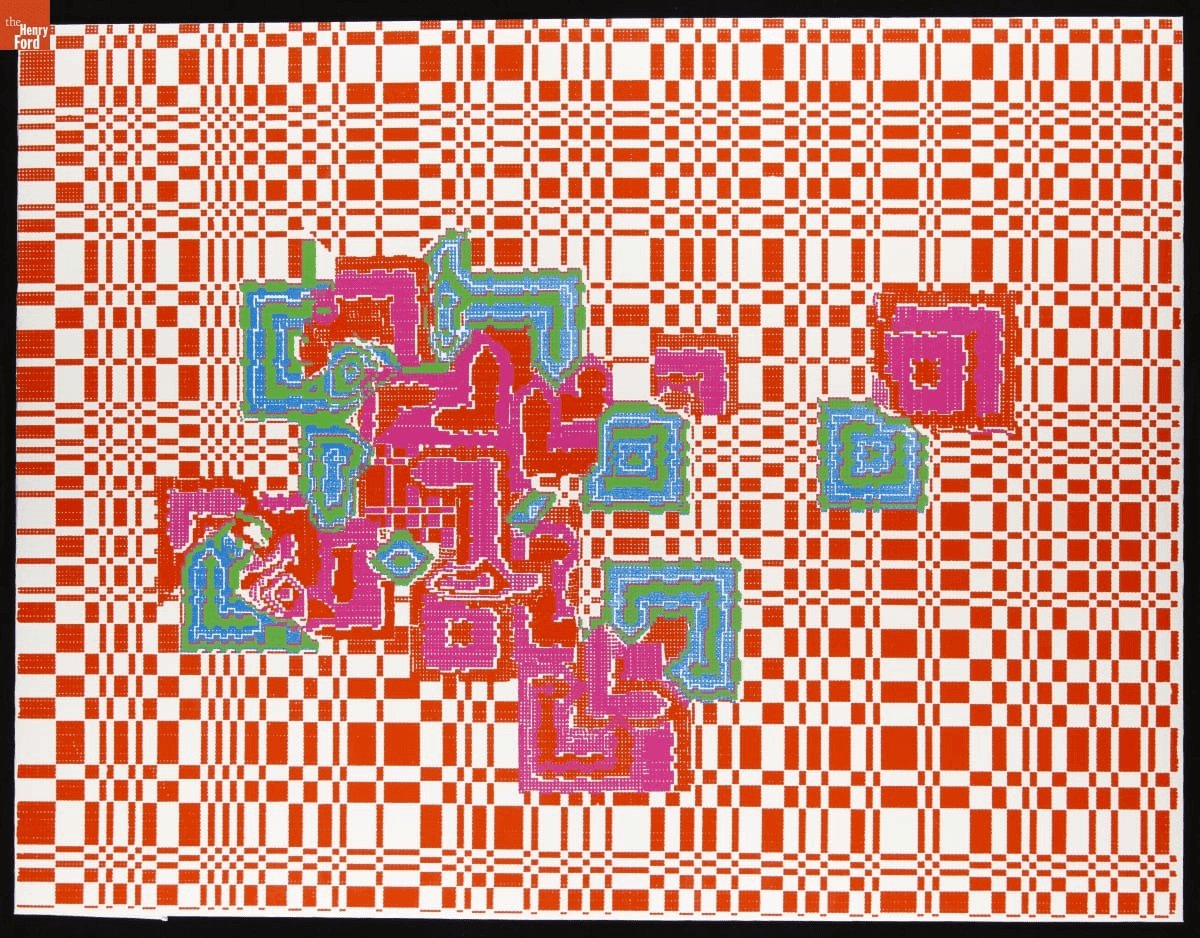 Screen prints by Lillian Schwartz and Kenneth Knowlton GIF cycling through three prints featuring colorful blocks