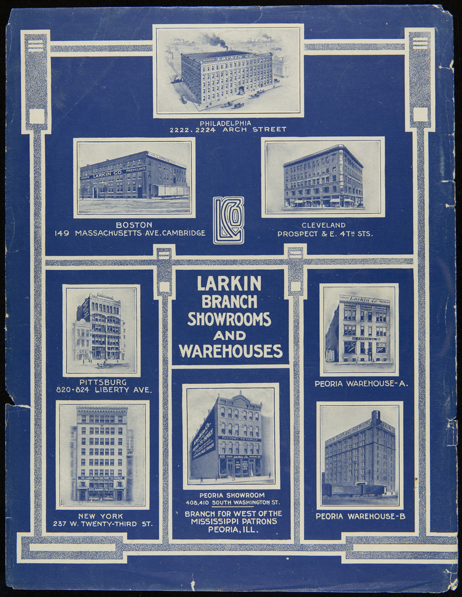 Larkin Company Trade Catalog, "Product and Premium List," January 1908 (58th Edition) Images of buildings with text