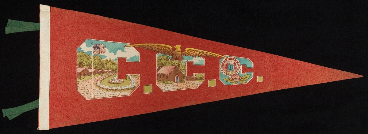 Pennant, "U.S. Civilian Conservation Corps," 1933-1942 Red pennant with golden eagle and block letters "C.C.C." containing additional images