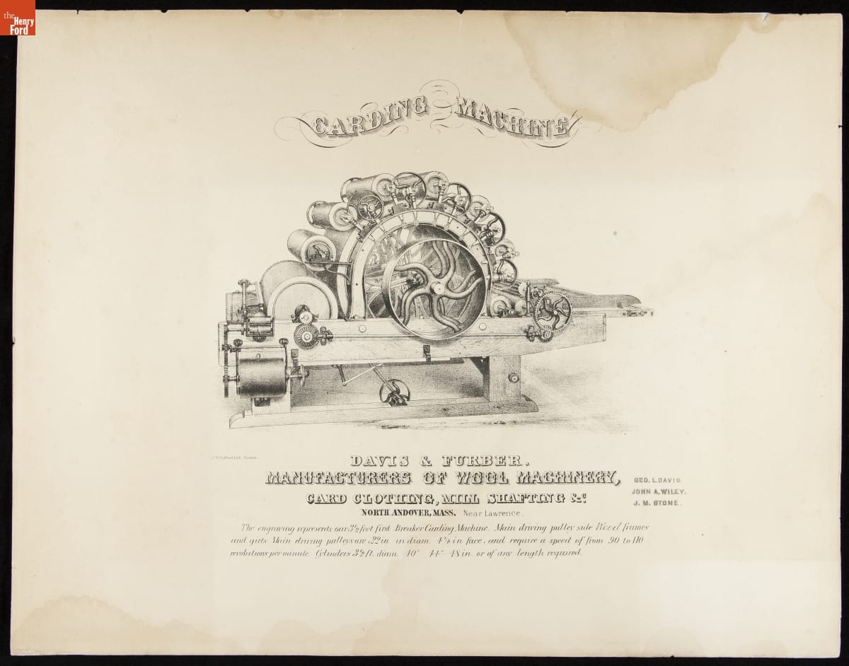 Etching of machine with multiple rollers arranged in an arch shape; also contains text