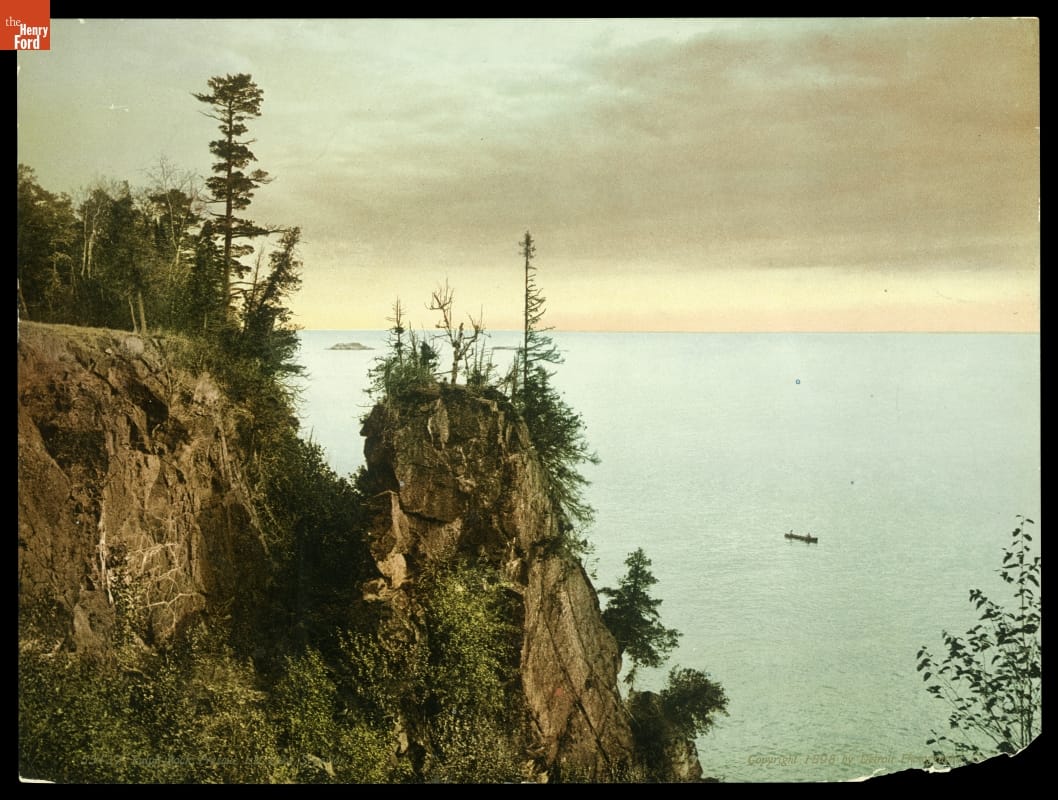 "Pulpit Rock on Presque Isle," Lake Superior near Marquette, Michigan, 1898 Bluffs with pine trees overlook a large body of water