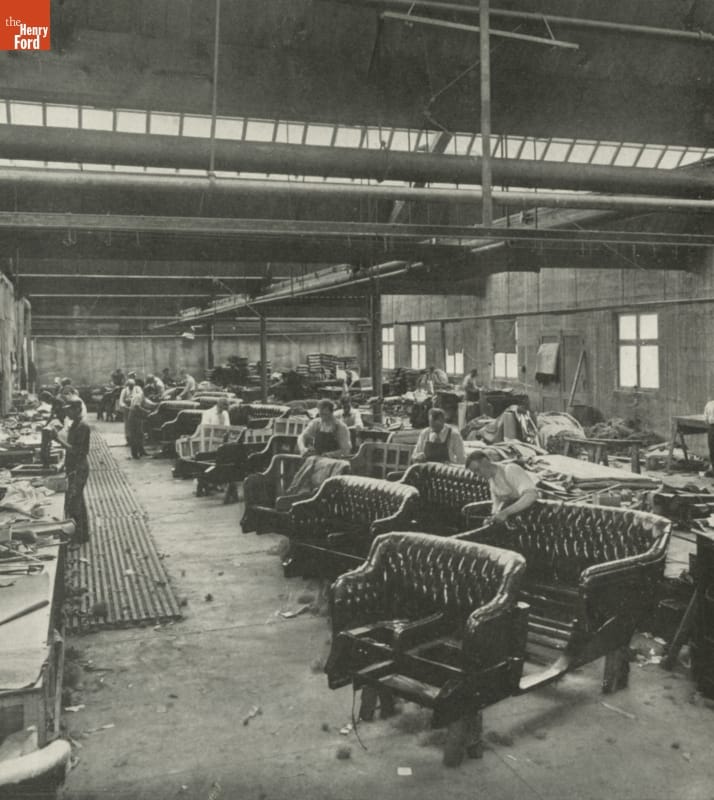 Rambler Magazine, Number 44, 1910 / inside Inside factory with many car bench seats and people working on them