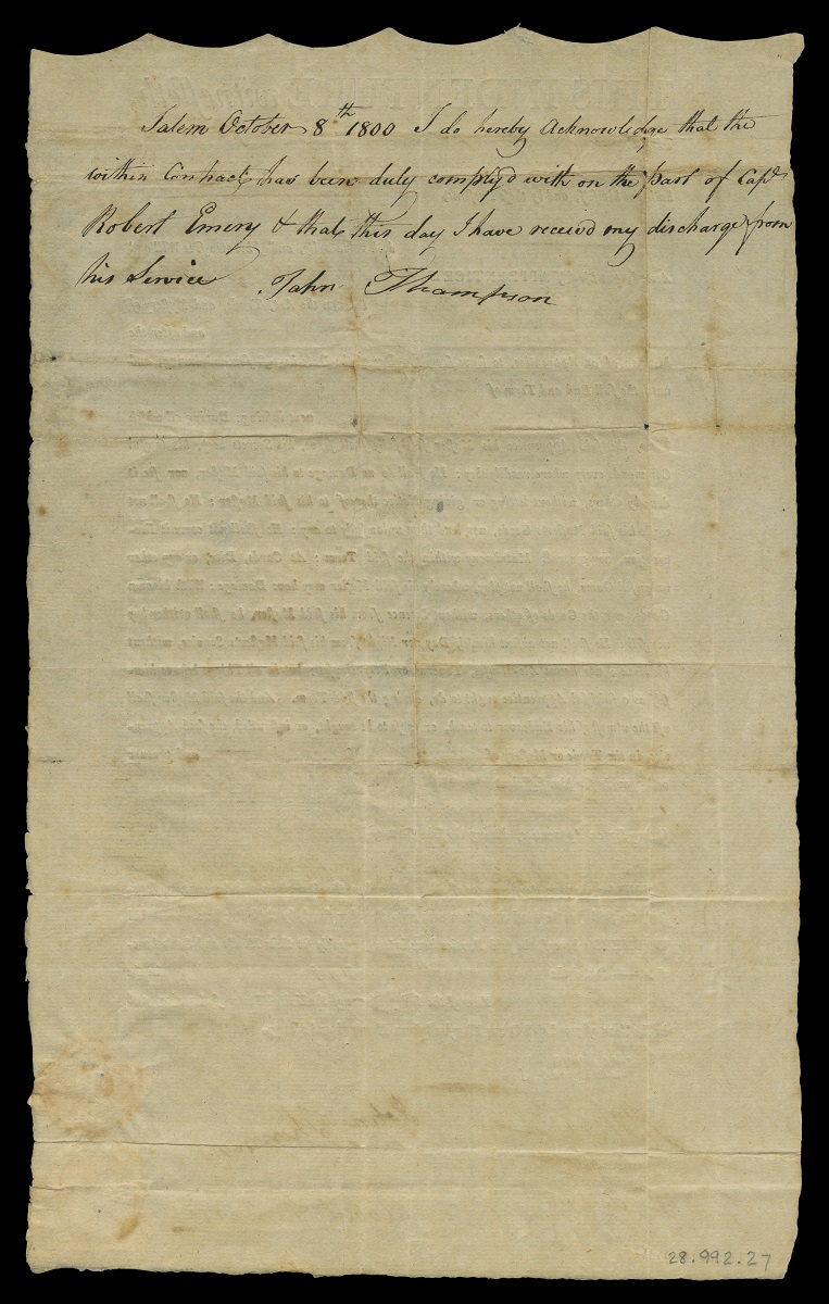 Agreement for John Thomson to be Apprenticed to Shipmaster Robert Emery for Six Years, September 11, 1794 / back Page with handwritten, cursive text at top and some text bleeding through from reverse side below