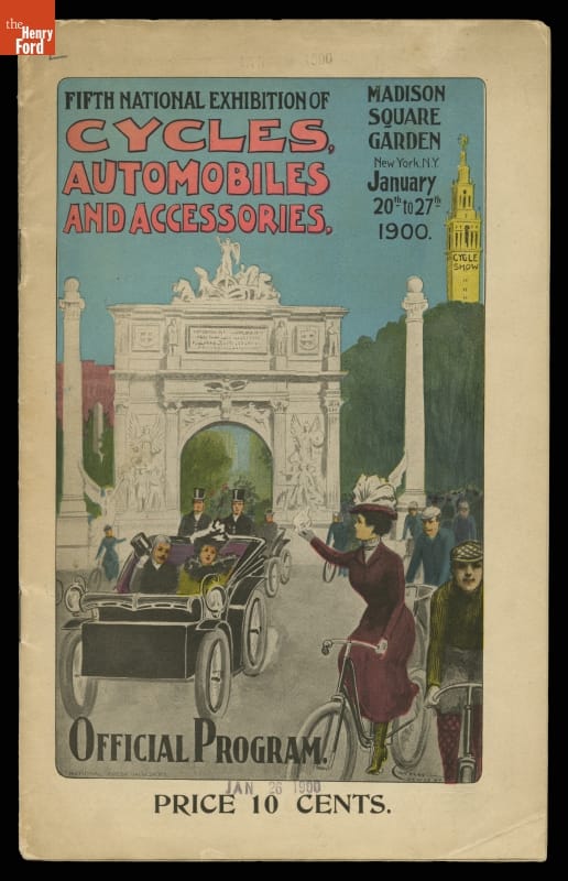 Illustration of people on bicycles and in a car in front of the Arc de Triomphe
