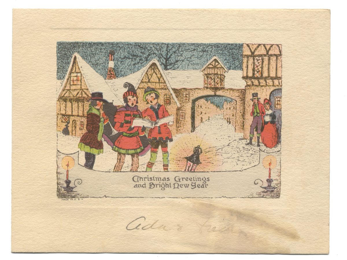 Card with images of carolers in front of buildings; also contains text