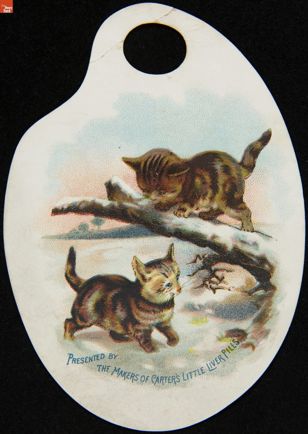 Trade Card for Carter's Liver Pills, Carter Medicine Co., 1880-1890 Palette-shaped paper containing illustrations of two kittens cavorting in snow