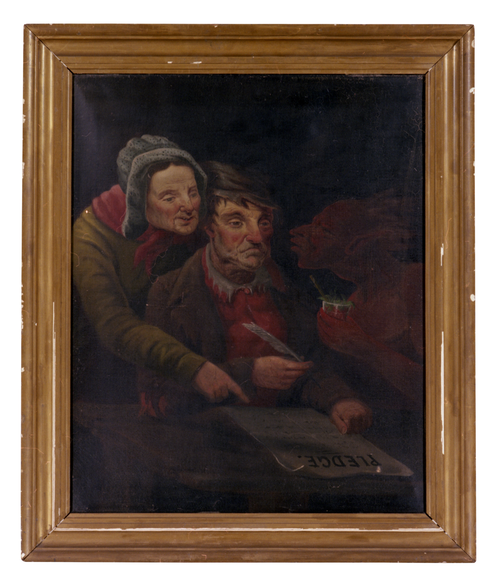 Man with quill in his hand over a document on table labeled “Pledge,” with woman over right shoulder pointing at the document and red devil creature with cup in hand at the man’s left shoulder