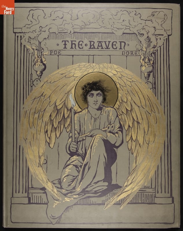 Gray book cover with text and image of angel or winged person with gold wings and halo, holding a candle and a key