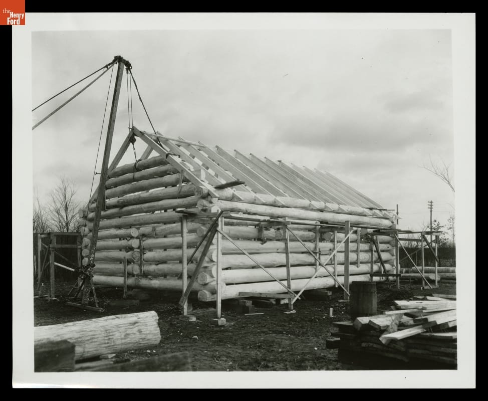 Construction of William Holmes McGuffey School, Greenfield Village, 1934 Log cabin under construction