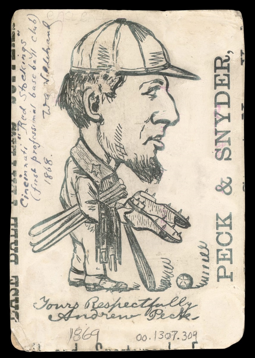 1869 Peck & Snyder Cincinnati Red Stockings Card / back Comical line drawing of man with oversized head wearing baseball uniform and holding baseball equipment; also contains printed and handwritten text