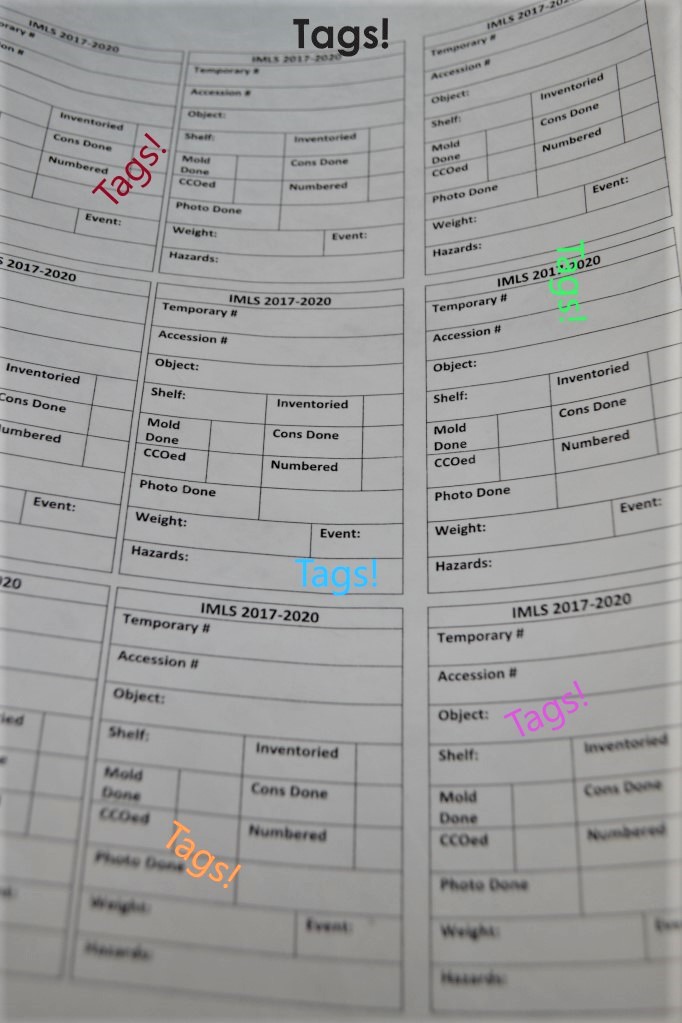 Tracking tags for artifacts in our IMLS grant project Blank printed forms with text rubrics