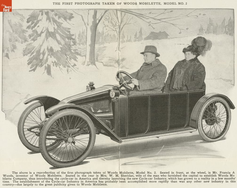 Drawing of man and woman in narrow car with no top