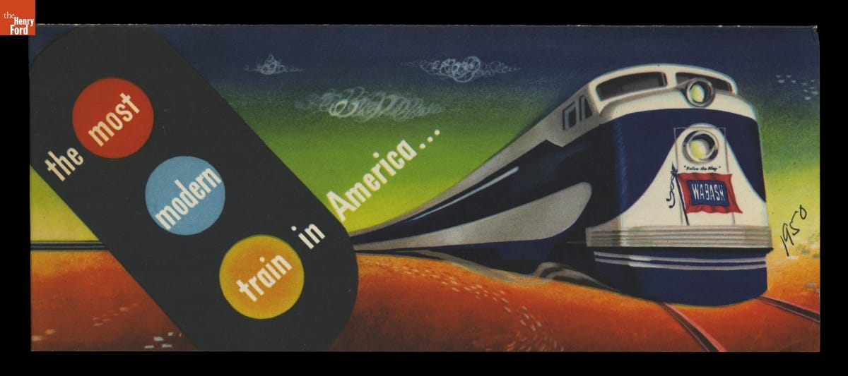 Boldly colored image of train coming around a curve and traffic light (?); also contains text