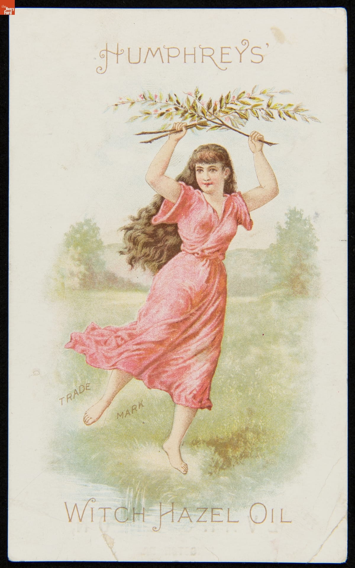 Illustration of woman in red dress in field, one leg held out behind her, holding two leafy branches crossed above her head; also contains text