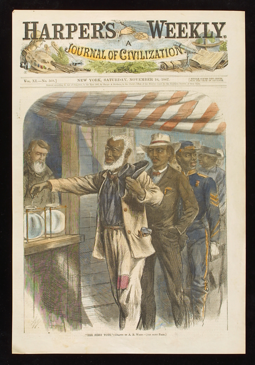 Colored print showing an African American man in a cream-colored patched suit adding a token to one of two jars under a red and white striped awning with a line of other African American men behind him