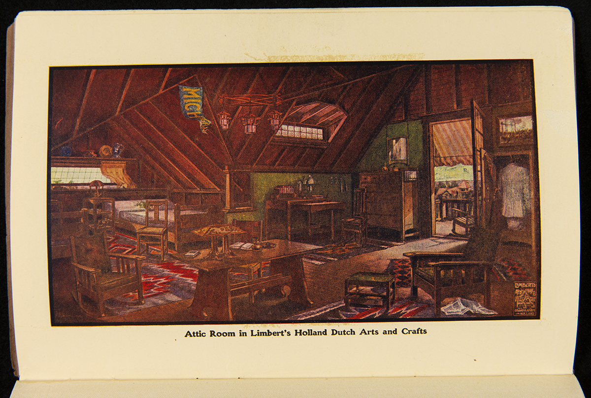 Limberts Holland Dutch Arts and Crafts Furniture, circa 1910 / page 6 Room with sloped wooden ceiling very full of furniture and other decorative accessories