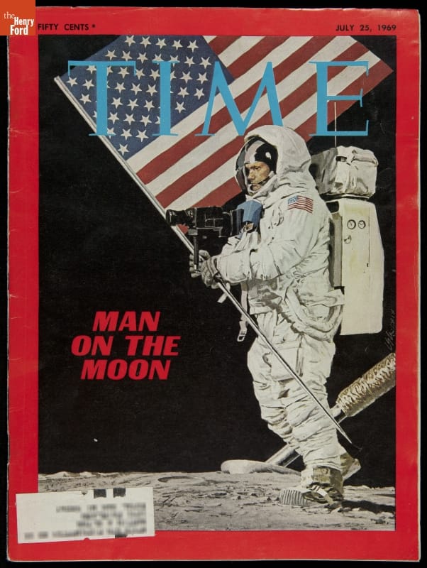 Magazine cover with illustration of astronaut in space suit with an American flag on the moon; also contains text