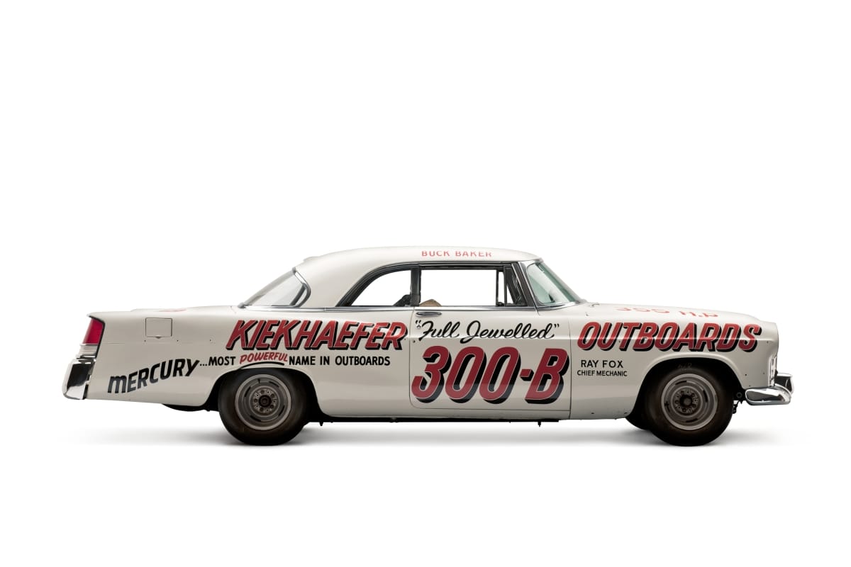 1956 Chrysler 300-B Stock Car Side view of white car with red and black text on the side