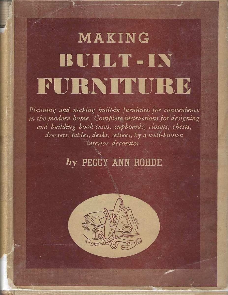 Making Built-In Furniture, 1950 Book cover in rose and mauve with text and image of tools and book