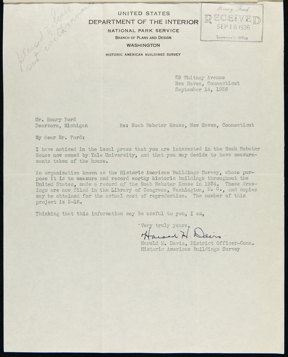Correspondence regarding Noah Webster Home and the Historic American Buildings Survey, September-October 1936 Typewritten letter containing text