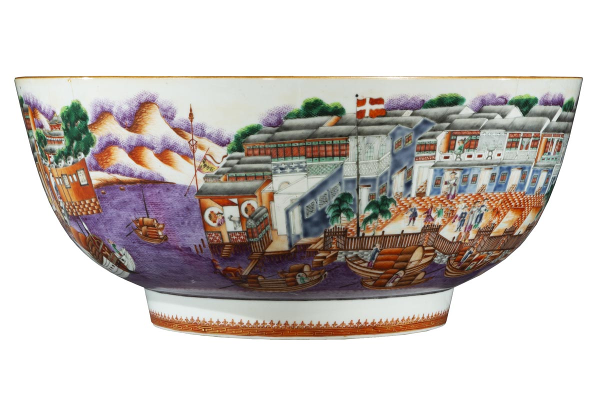 Punch Bowl, 1780-1784 Short-ish bowl with wide base and even wider sides, decorated with a wharfside scene of a harbor, mountains, buildings, people, docks, boats, and water