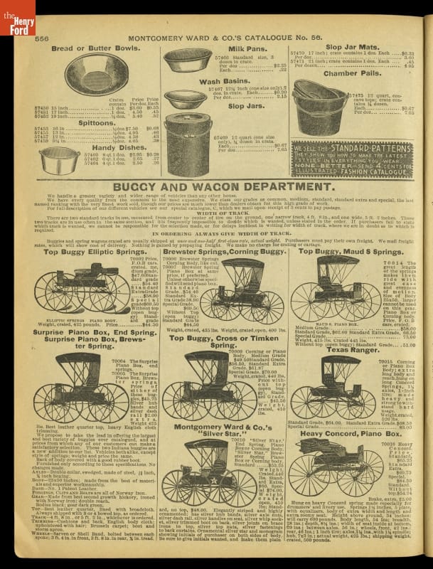 Page with illustrations of and text about buggies and other products