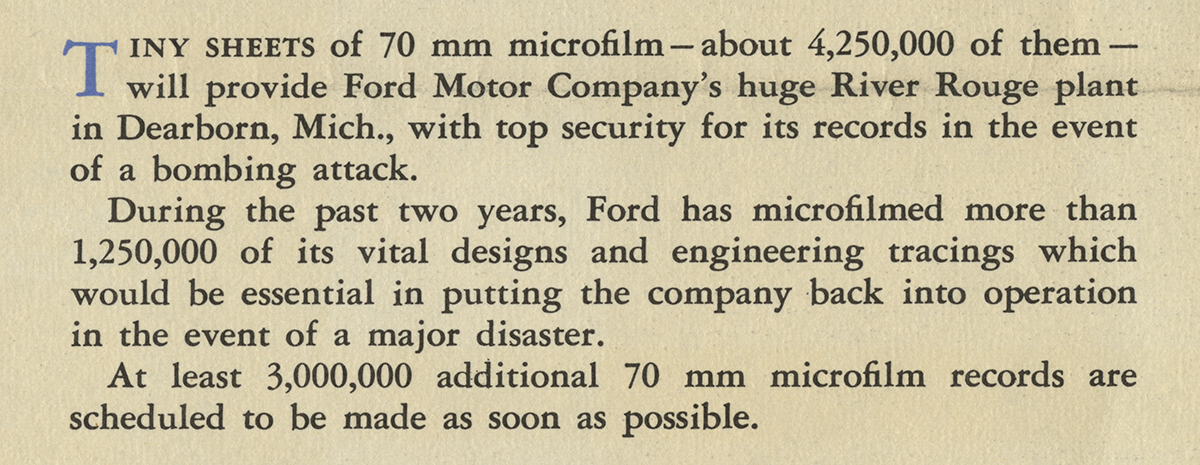 Brochure, "Top Security for Ford Records," Precision Microfilm Corporation, 1951 Sheet with text that notes among other things “top security for its records in the event of a bombing attack”
