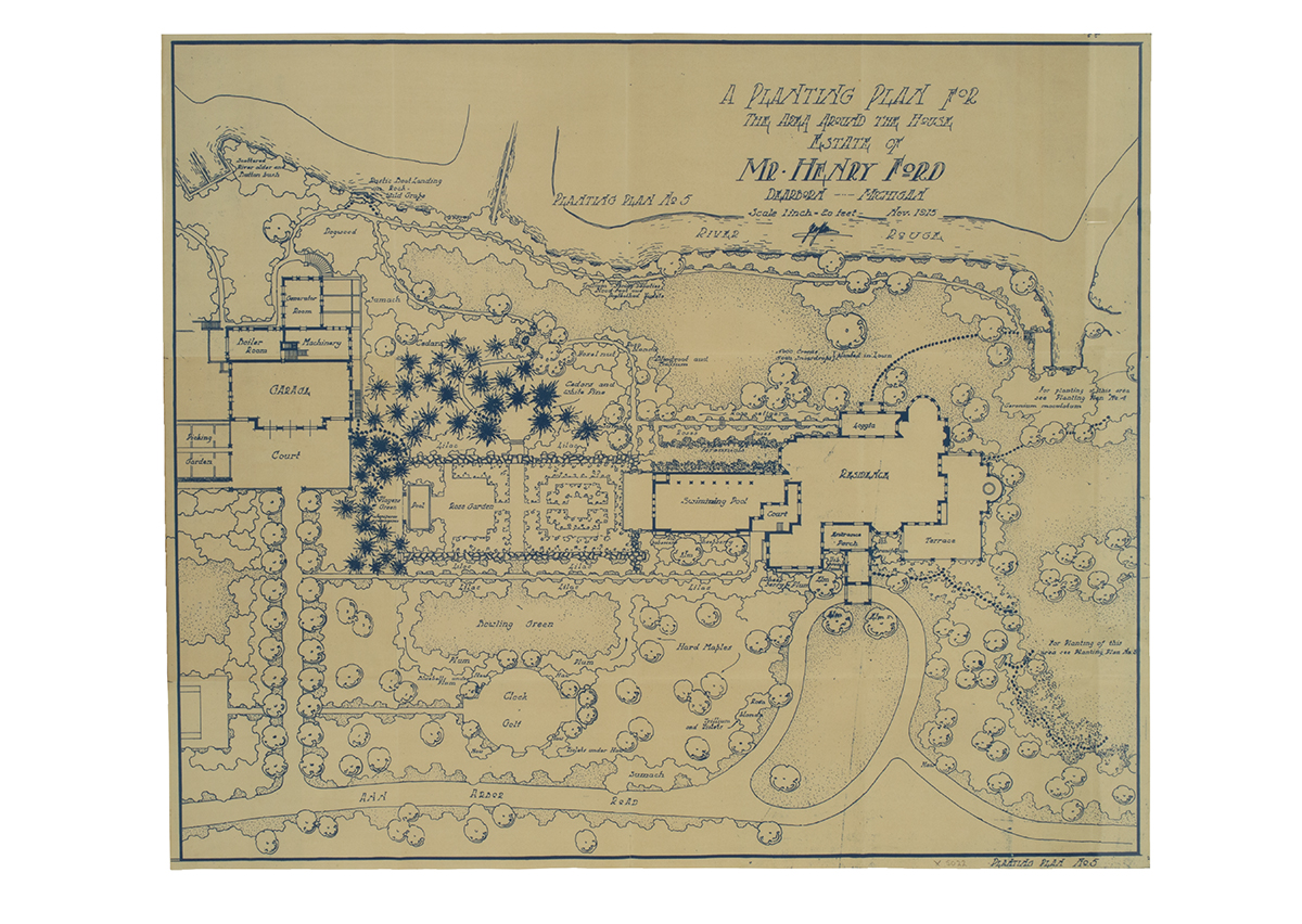 Blueprint showing aerial layout of large house and extensive gardens