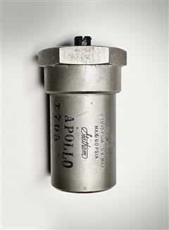 Silver cylinder with hexagonal shape on top and writing on body