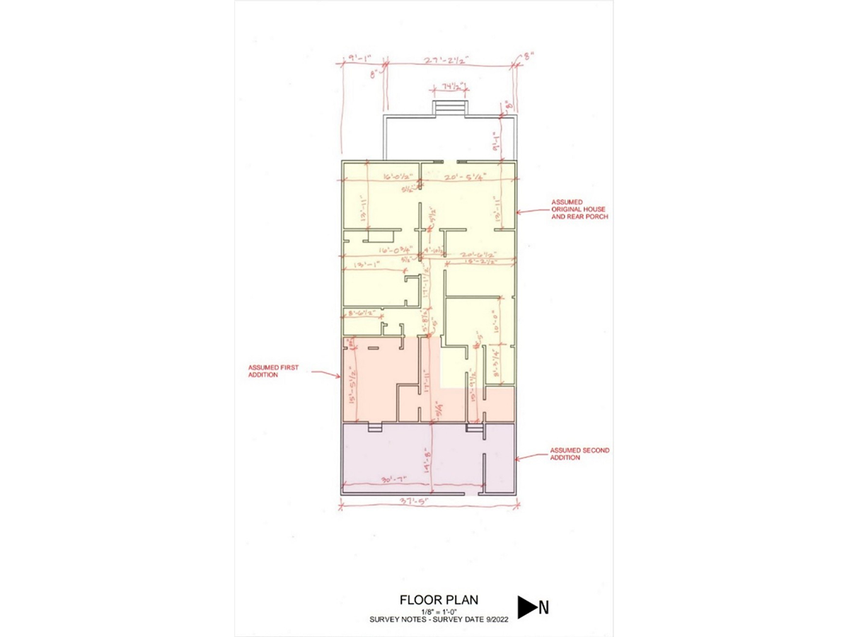 Floor plan of The Jackson Home highlighting each of the additions. / From the Historic Structures Report prepared by Quinn Evans. 