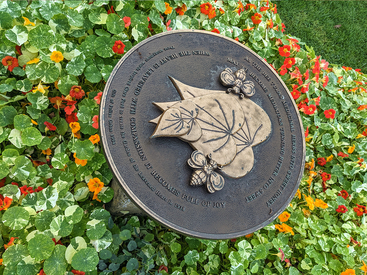 A metal plaque in a garden