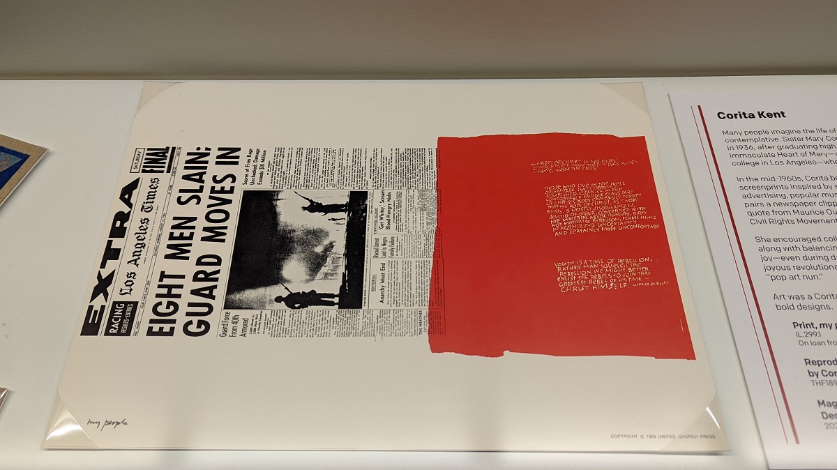 Corita Kent print Print where left half appears to be a newspaper article and right portion is red with text