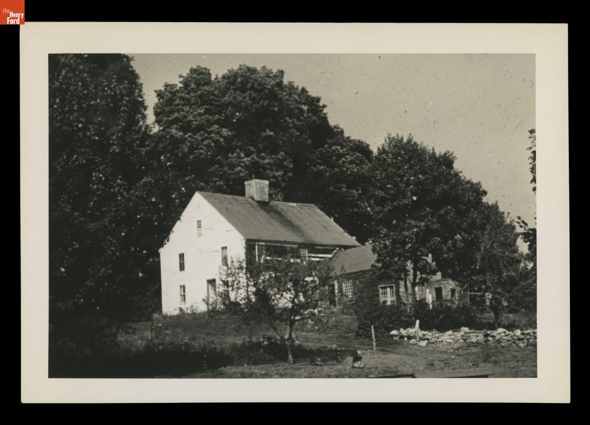 South side of the Kelley family home with ell and vegetable garden in the foreground (positioned where the sun shown most intently), Bear Swamp Road, Andover, Connecticut, 1953. THF723673.