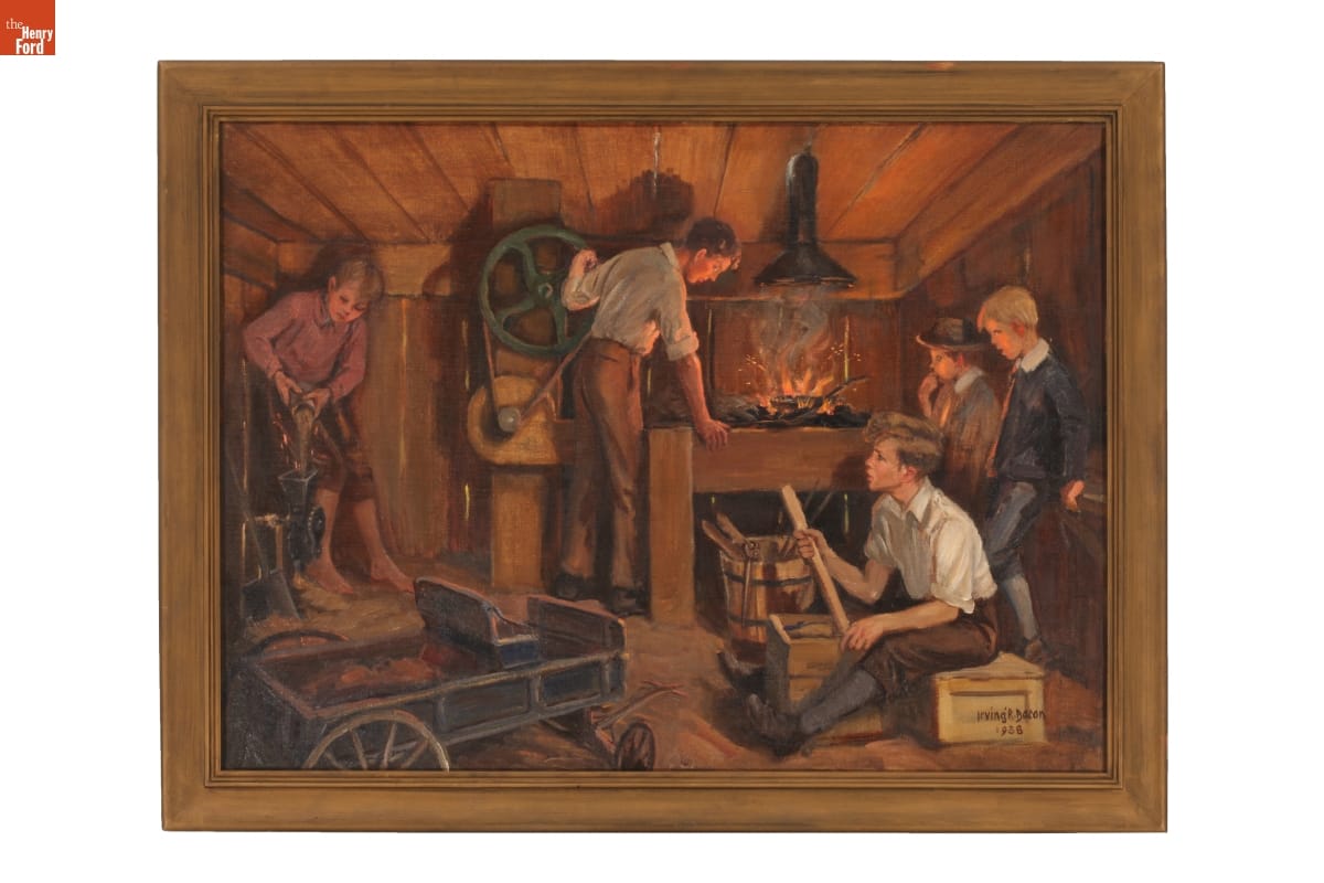 Framed painting of a number of boys working with wood, machinery, and fire