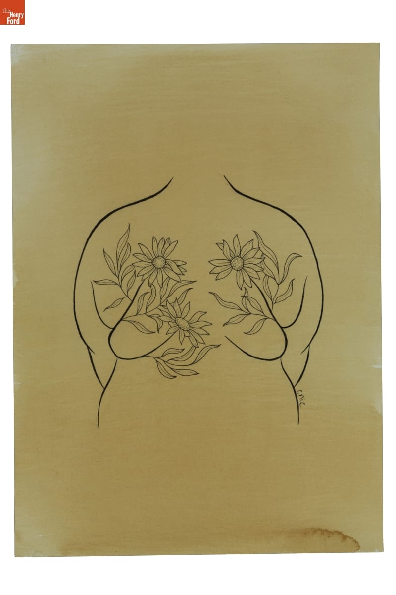 Line drawing of partial silhouette of body with flowers drawn on it
