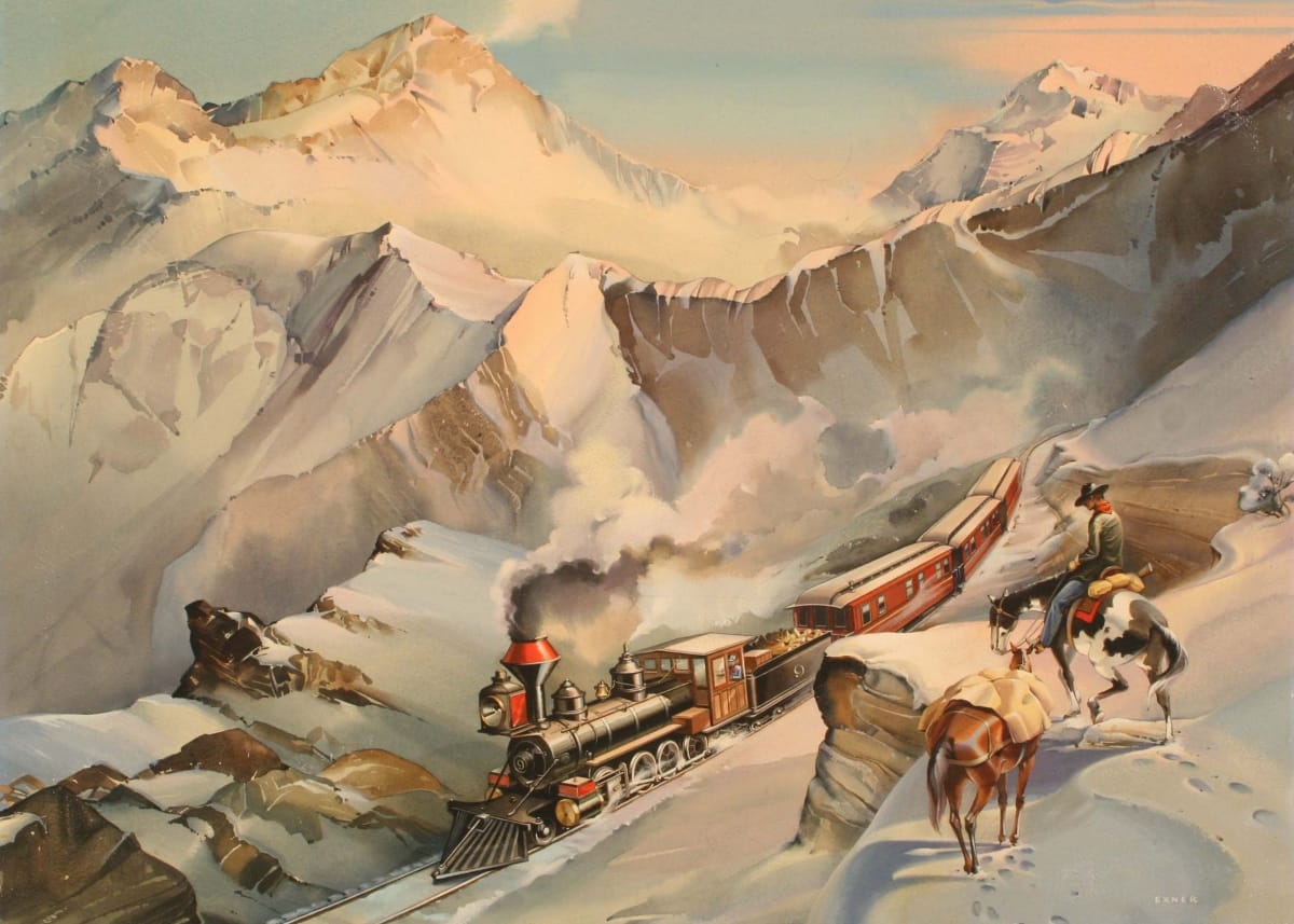 Light Snow in the Pass, Painted by Virgil M. Exner circa 1970 Painting of train traveling through snowy mountains as a cowboy on a horse with a packhorse watches from atop a bluff