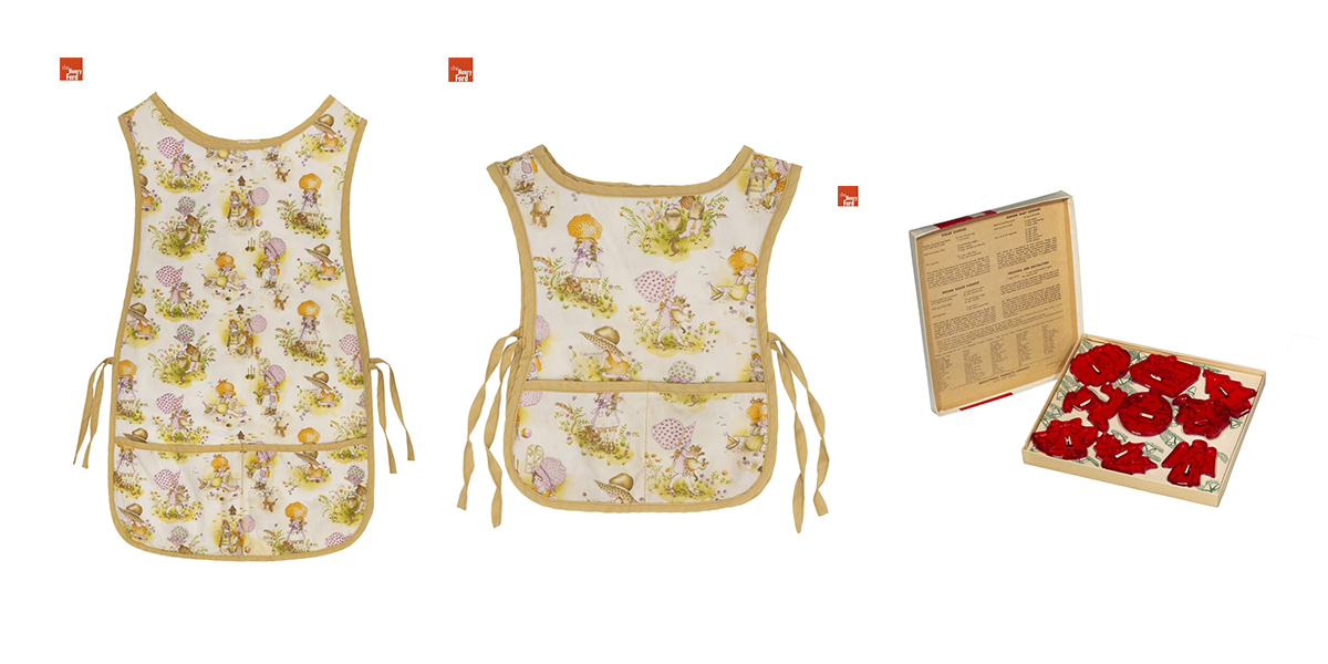 Mother and daughter aprons worn by Cindee Mines and her daughter Megan, Christmas cookie cutter set, about 1970