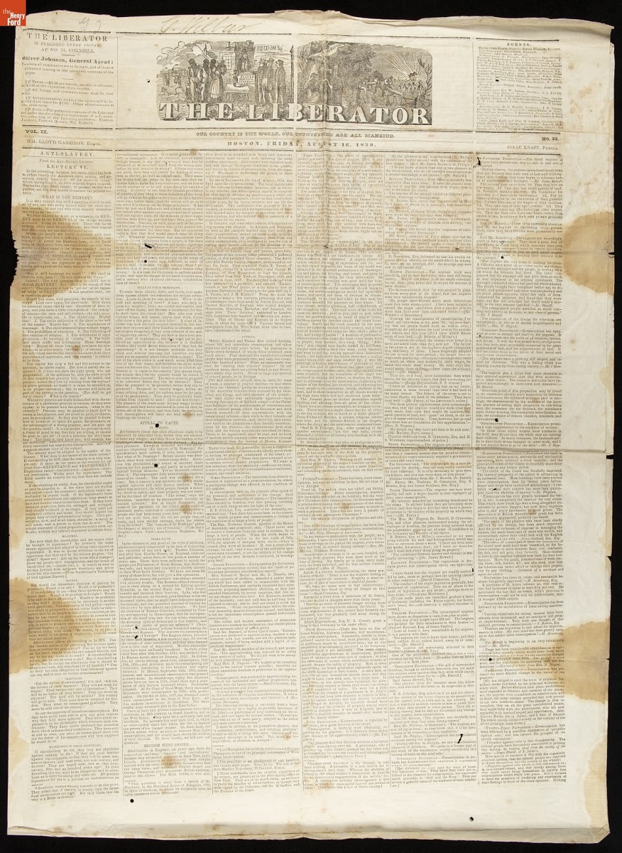 The Liberator, Vol. 9, No. 33, August 16, 1839 Newspaper page with text and woodcut illustration as masthead