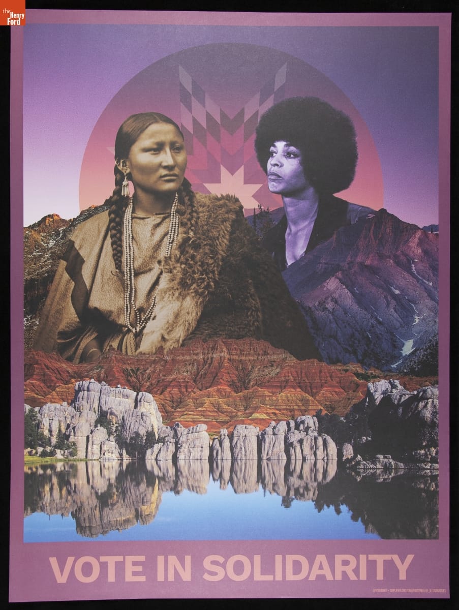 Poster with images of Native American woman and Black woman in a landscape; also contains text