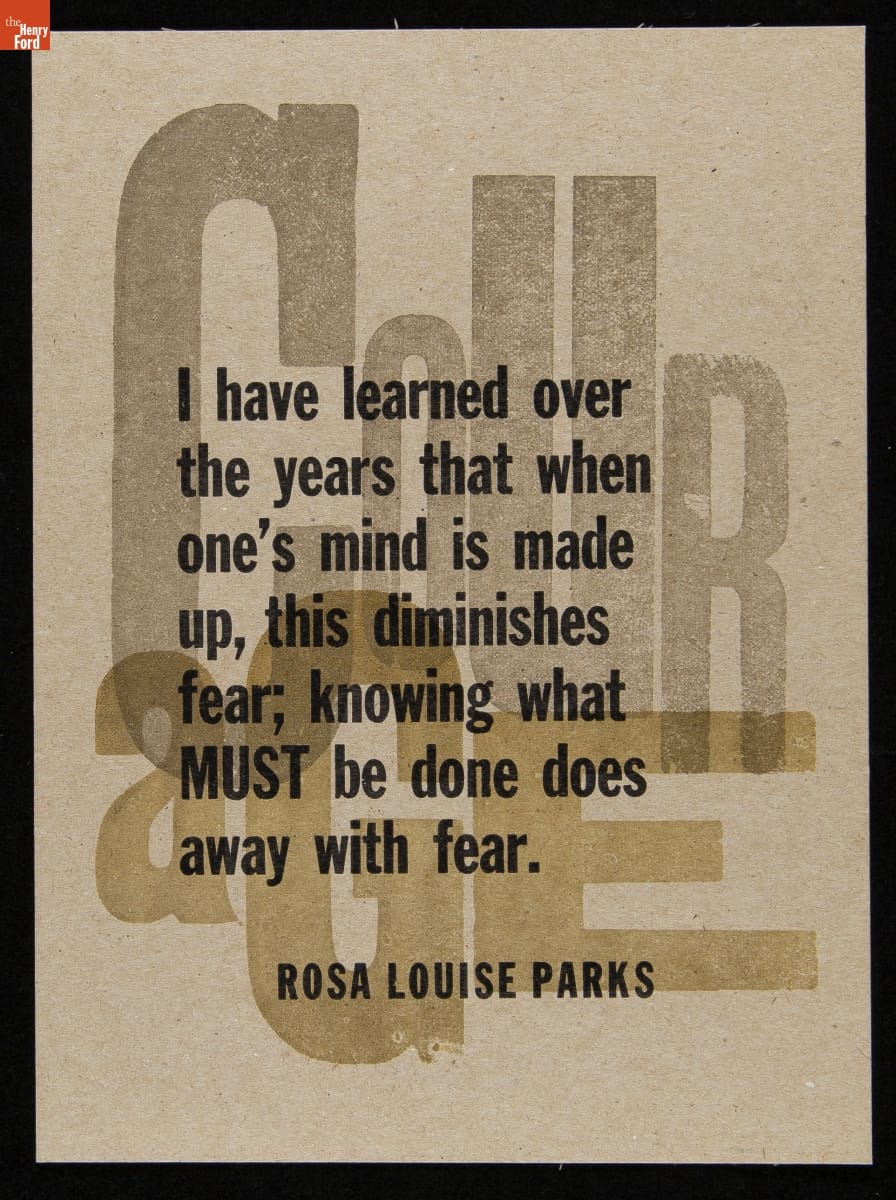 Letterpress Print, Print with large gray and gold letters in background spelling