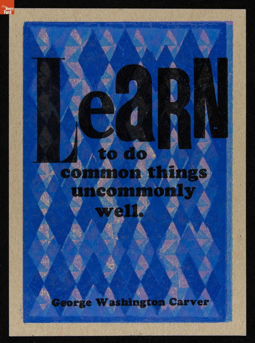 Letterpress Printing, Print with light and dark blue diamond background and text in foreground